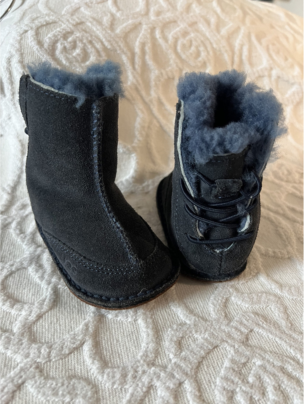 Y2K/2010s UGG Boo Baby Booties Navy Blue Suede Shearling Fur Infants Size S 5206